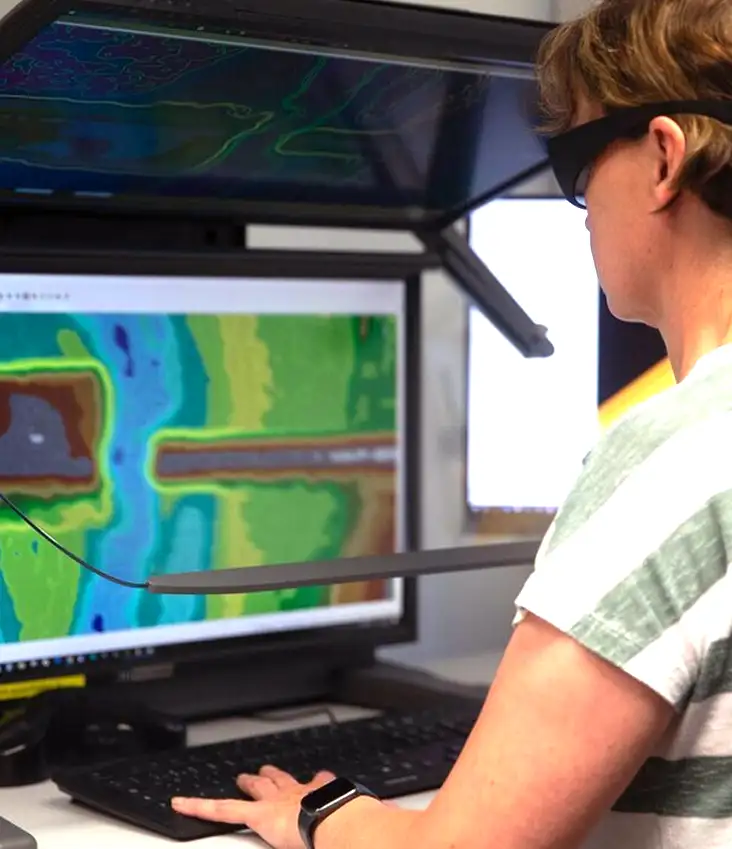 Person arbeitet mit 3D-Brille an einem Monitor mit farbiger Geländedarstellung eines geowissenschaftliches oder kartografisches Analyseprogramm.